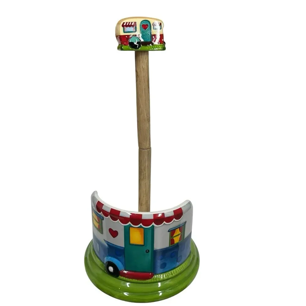 LTD COMMODITIES RV Paper Towel Holder Camping Happy Camper Ceramic Wood Retro